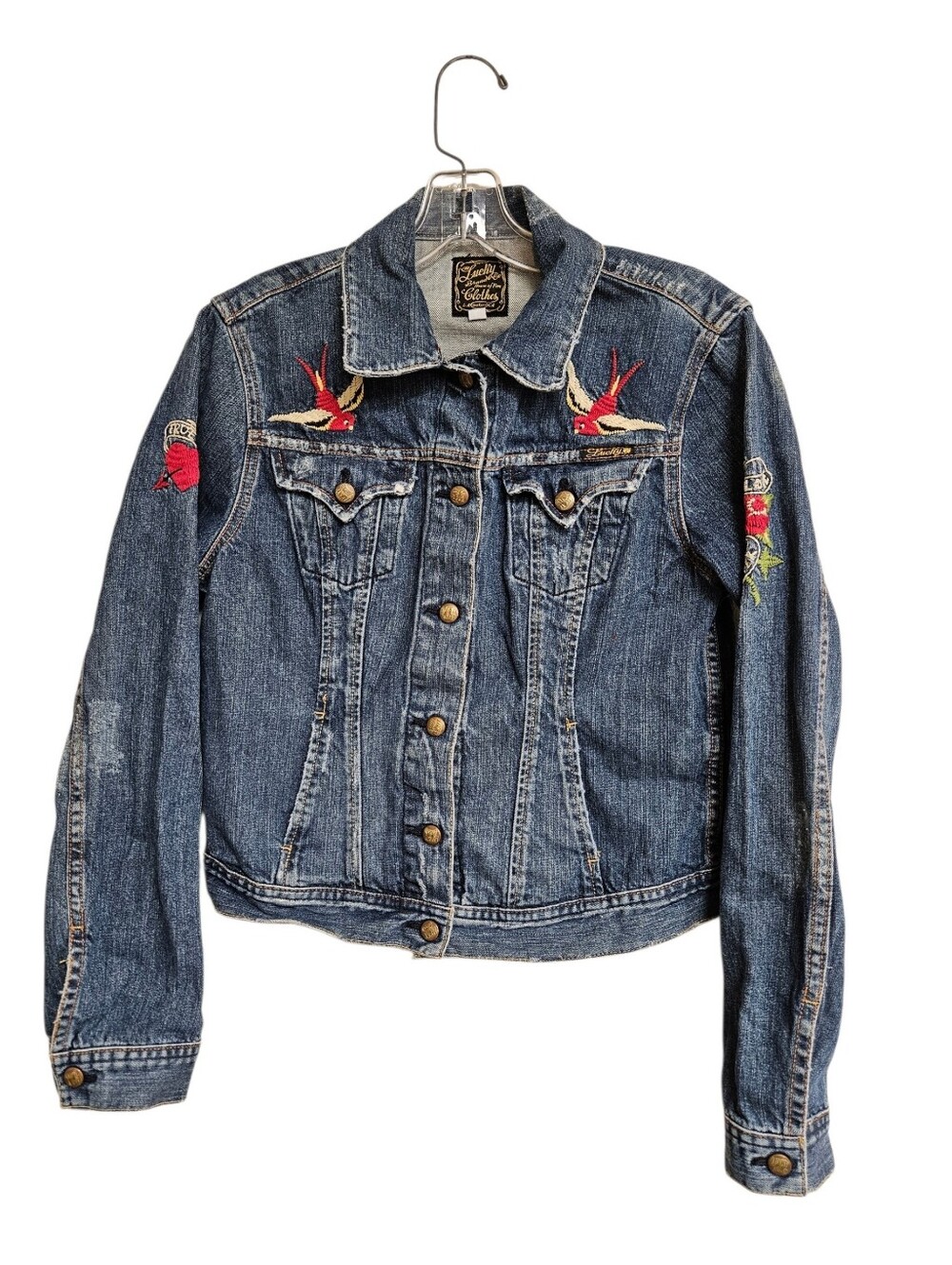 VTG Lucky Brand True Love Forever Hearts Emroidered Denim Jacket Y2K Large
